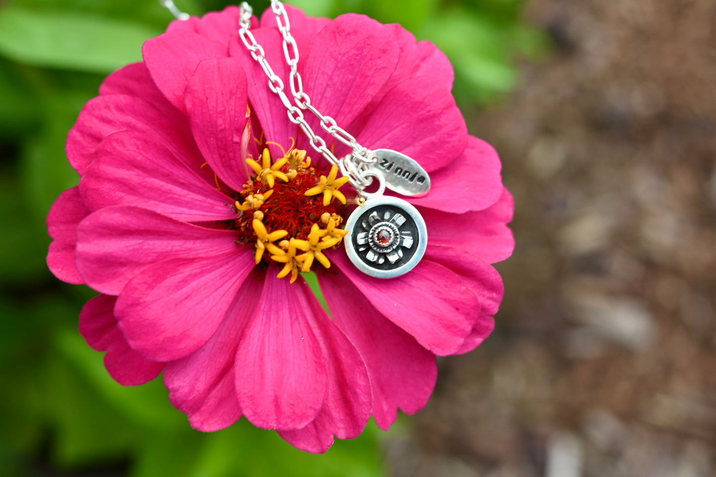 Shadowbox Zinnia + Garnet Necklace