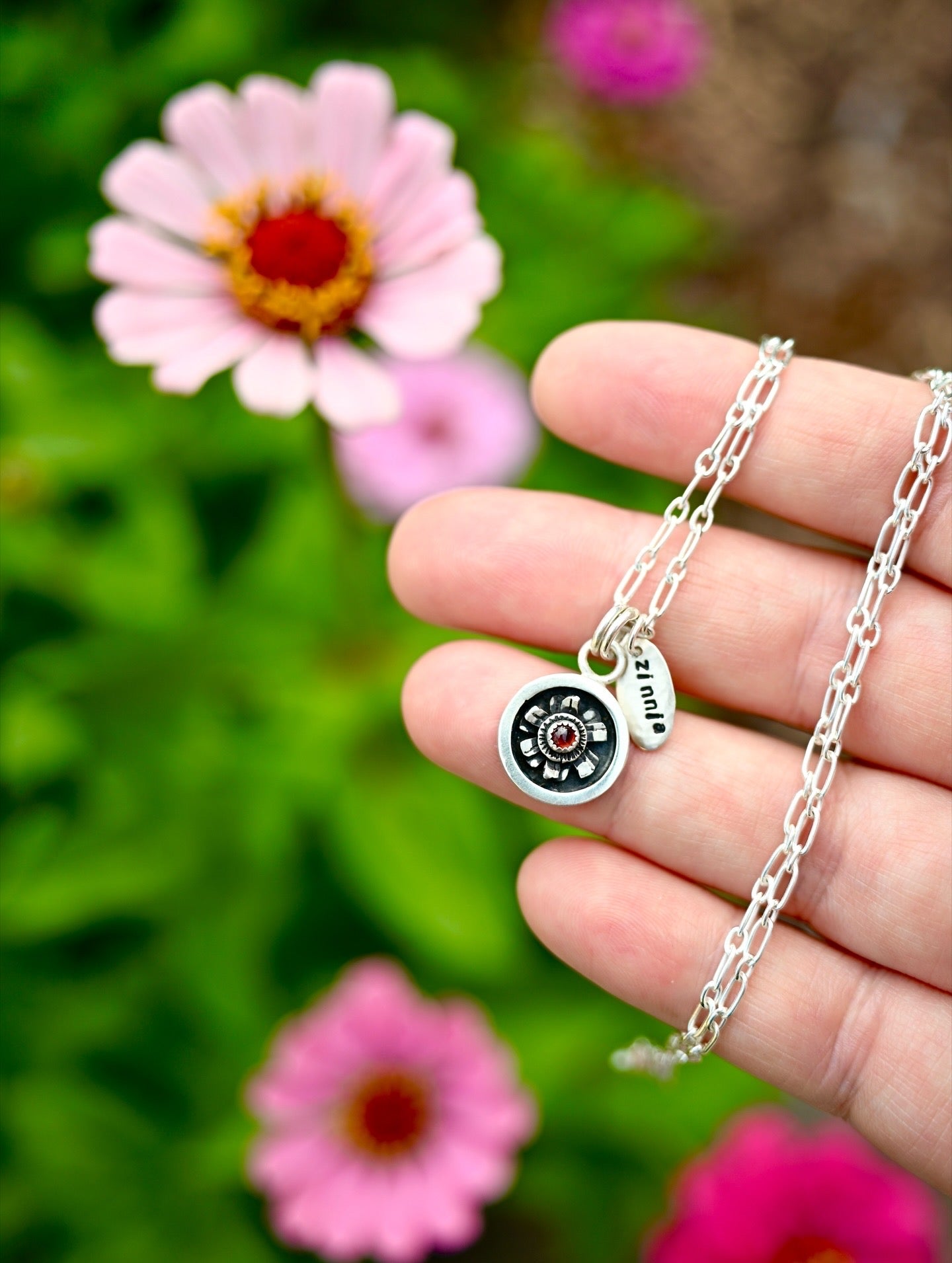 Shadowbox Zinnia + Garnet Necklace