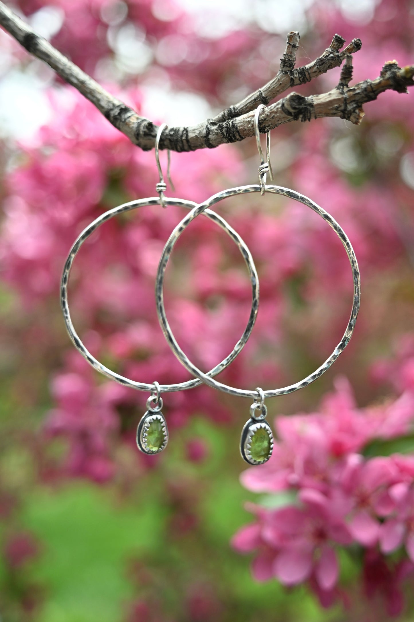 Peridot + Large Hammered Hoop Earrings
