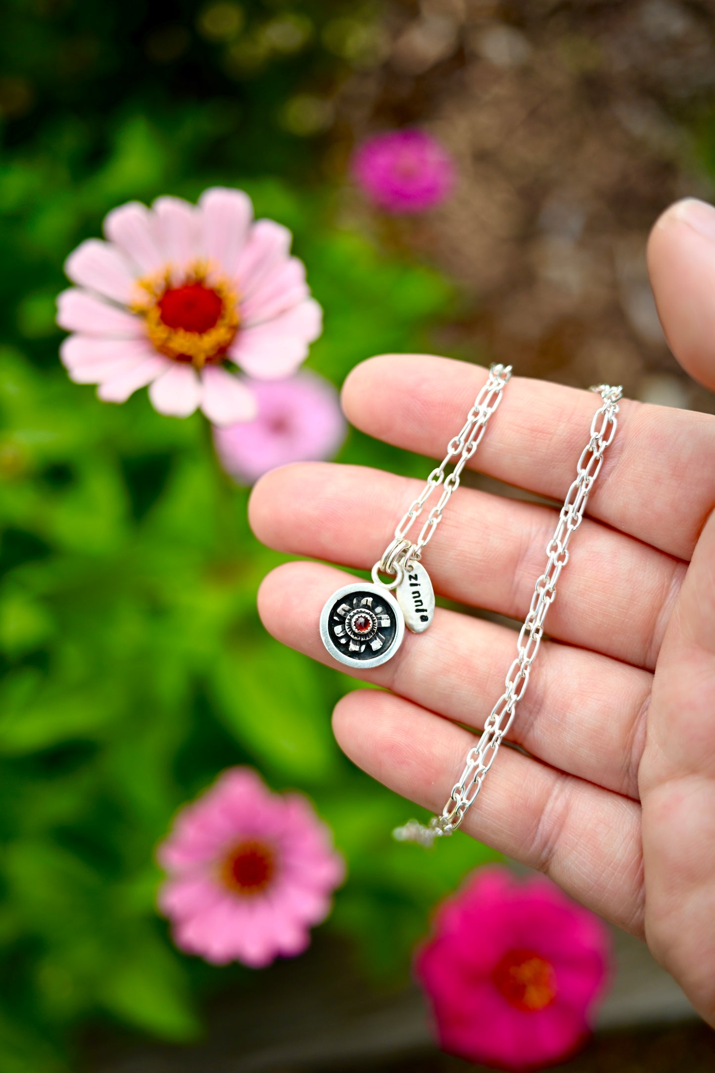 Shadowbox Zinnia + Garnet Necklace