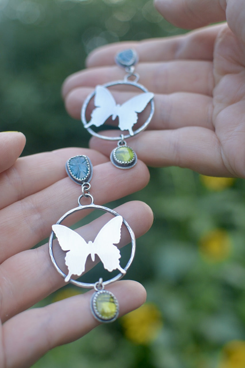Swallowtail Butterfly + Kyanite + Vesuvianite Hoop Earrings