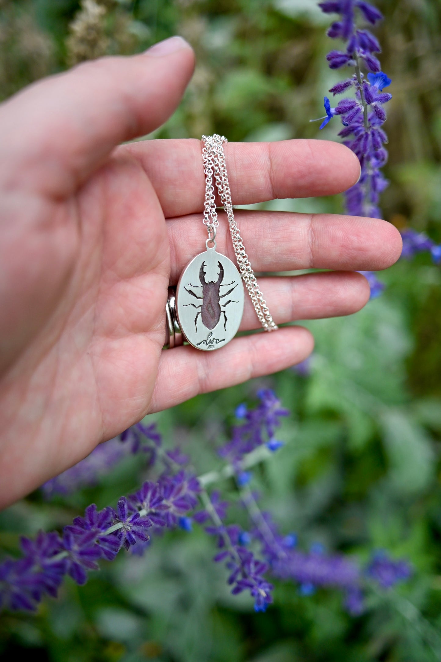 Stag Beetle + Agate Necklace - 24 inches