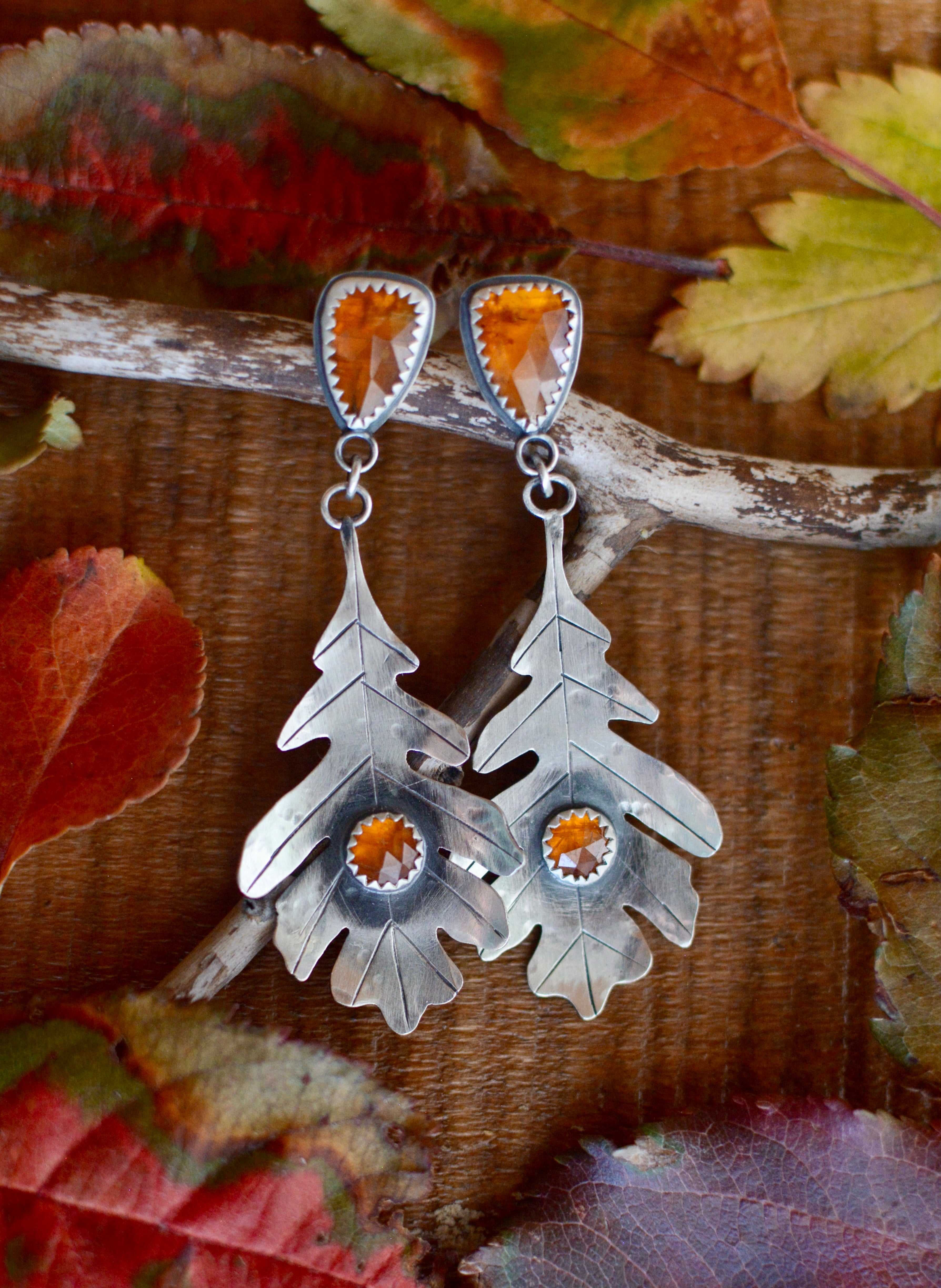 Oak Leaf + Orange Kyanite Earrings