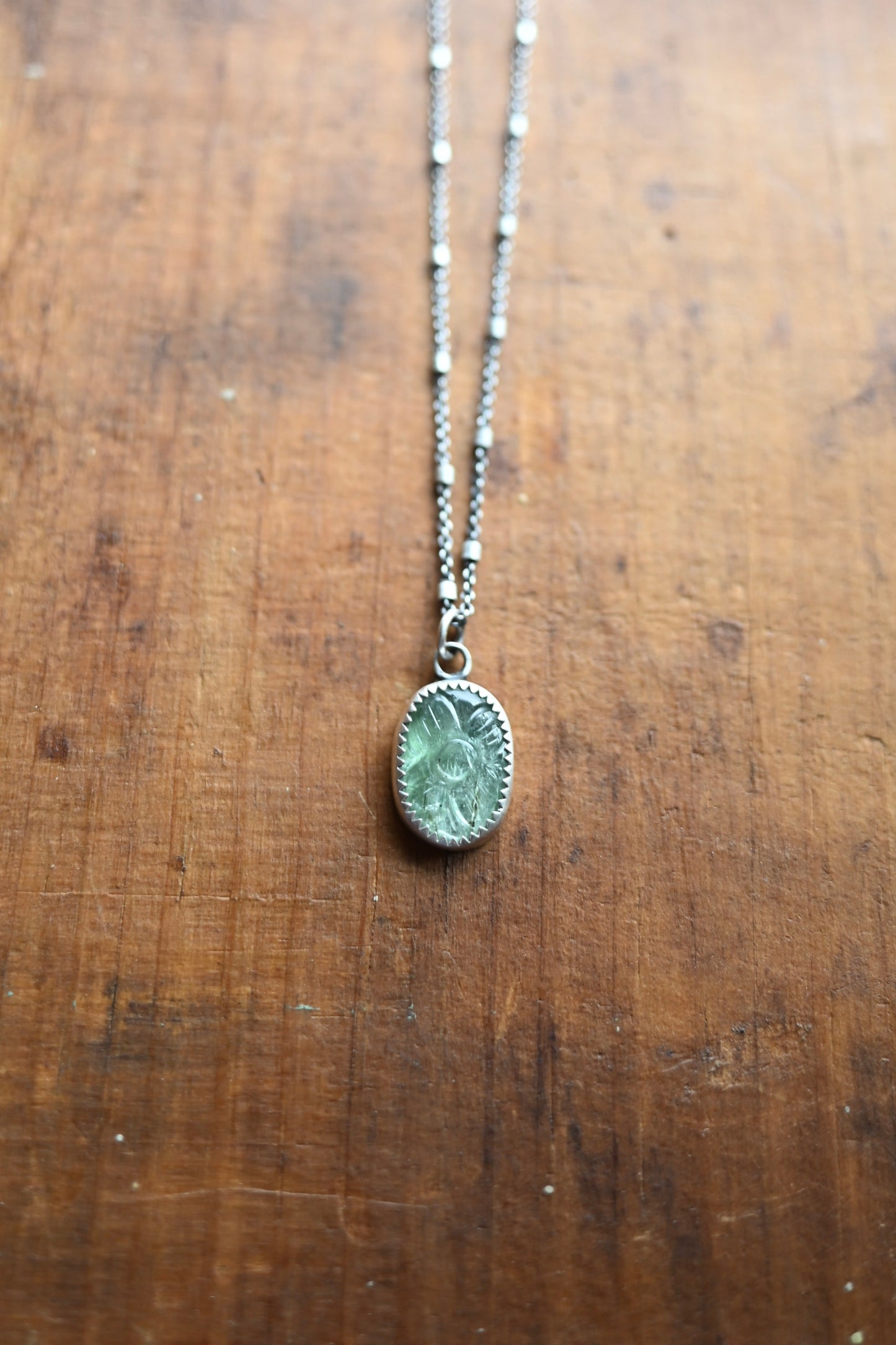 Carved Green Kyanite Gemstone Necklace - 18"