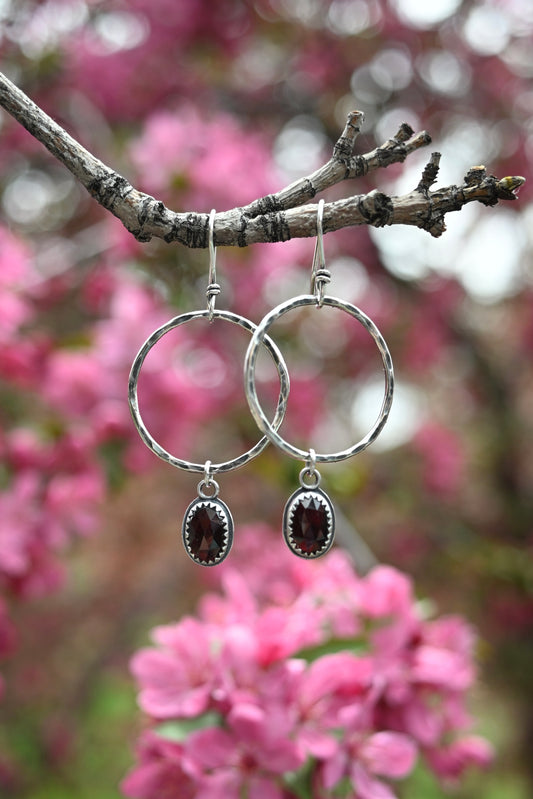 Garnet + Hammered Hoop Earrings