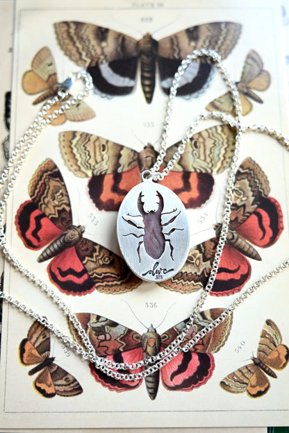 Stag Beetle + Agate Necklace - 24 inches