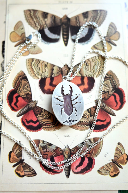 Stag Beetle + Agate Necklace - 24 inches