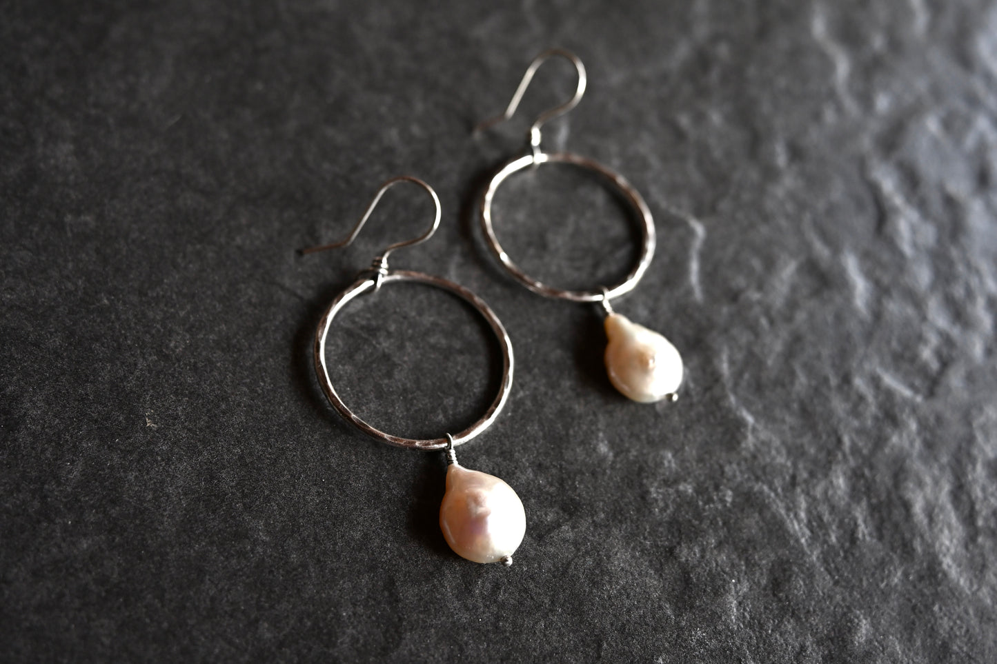 Freshwater Pearl + Hammered Hoop Earrings