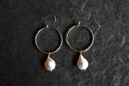 Freshwater Pearl + Hammered Hoop Earrings