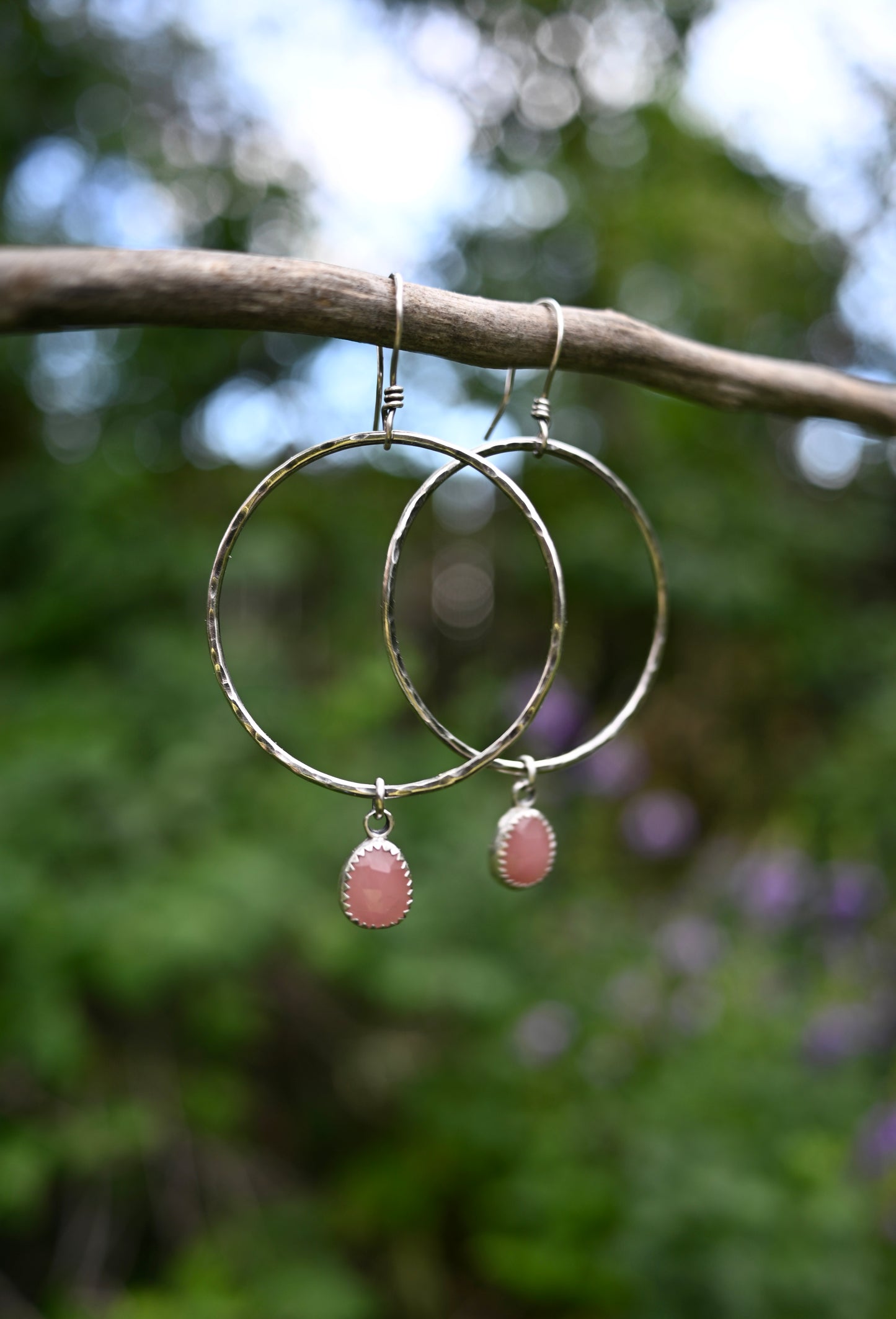 Guava Quartz + Large Hammered Hoop Earrings