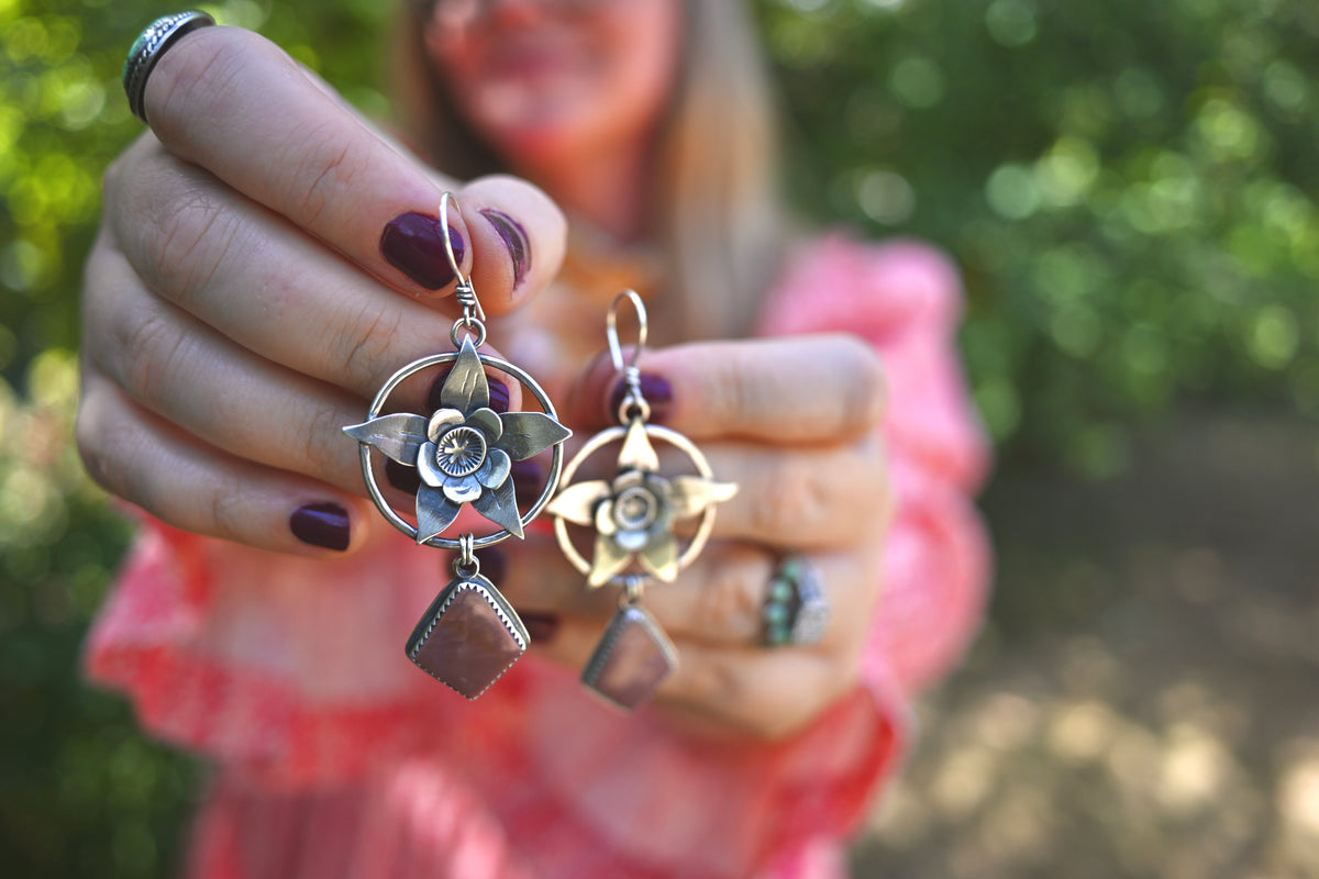 Colorado Blue Columbine Flower + Landscape Jasper Earrings