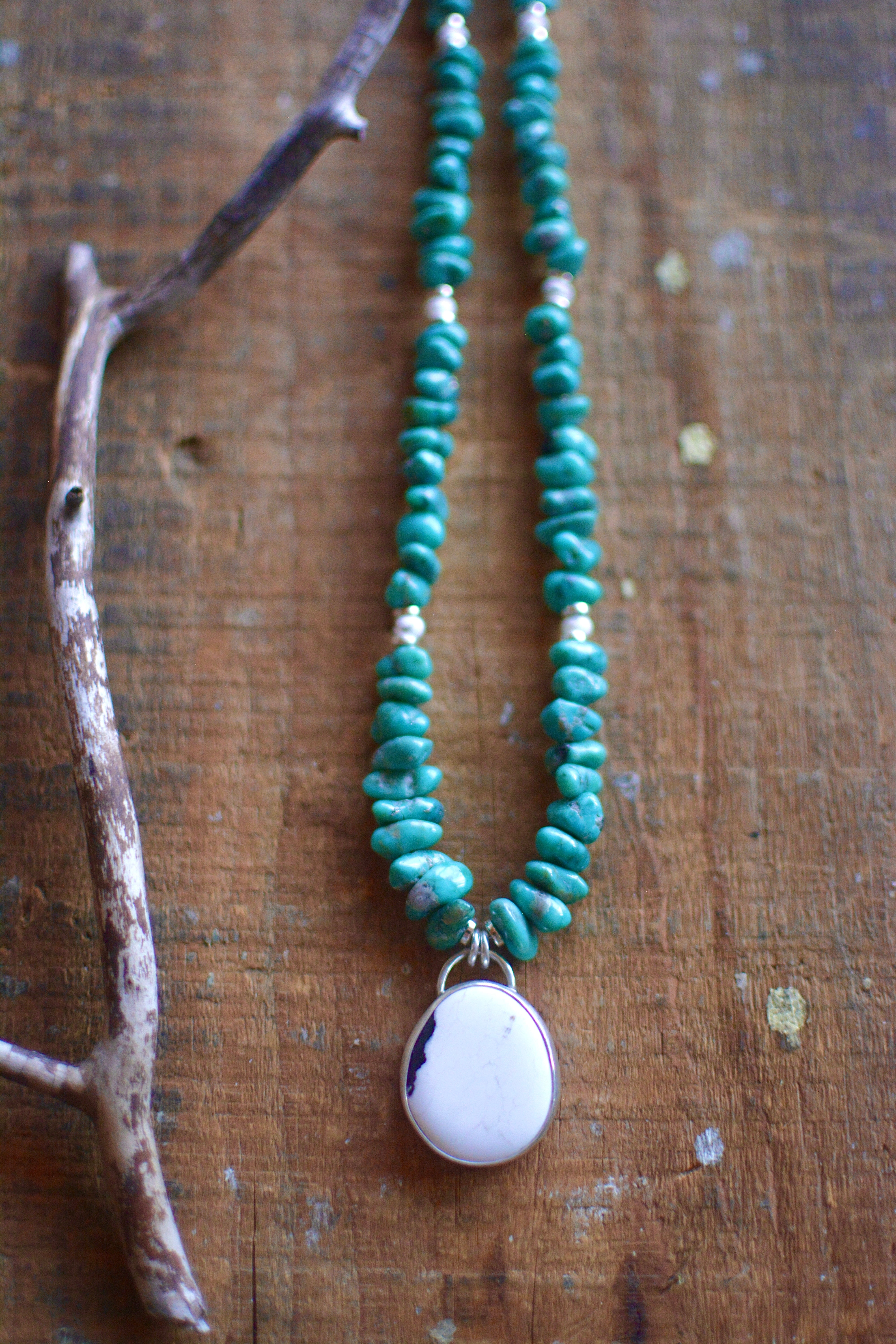 Campitos Turquoise Beaded Necklace with White Buffalo Turquoise Pendant