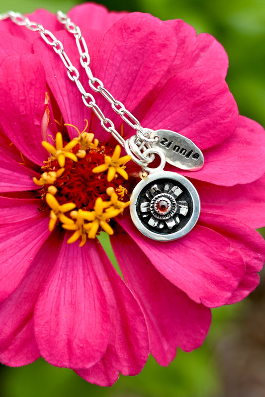Shadowbox Zinnia + Garnet Necklace