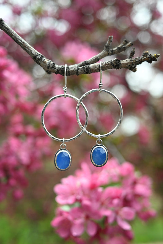 Blue Chalcedony + Hammered Hoop Earrings