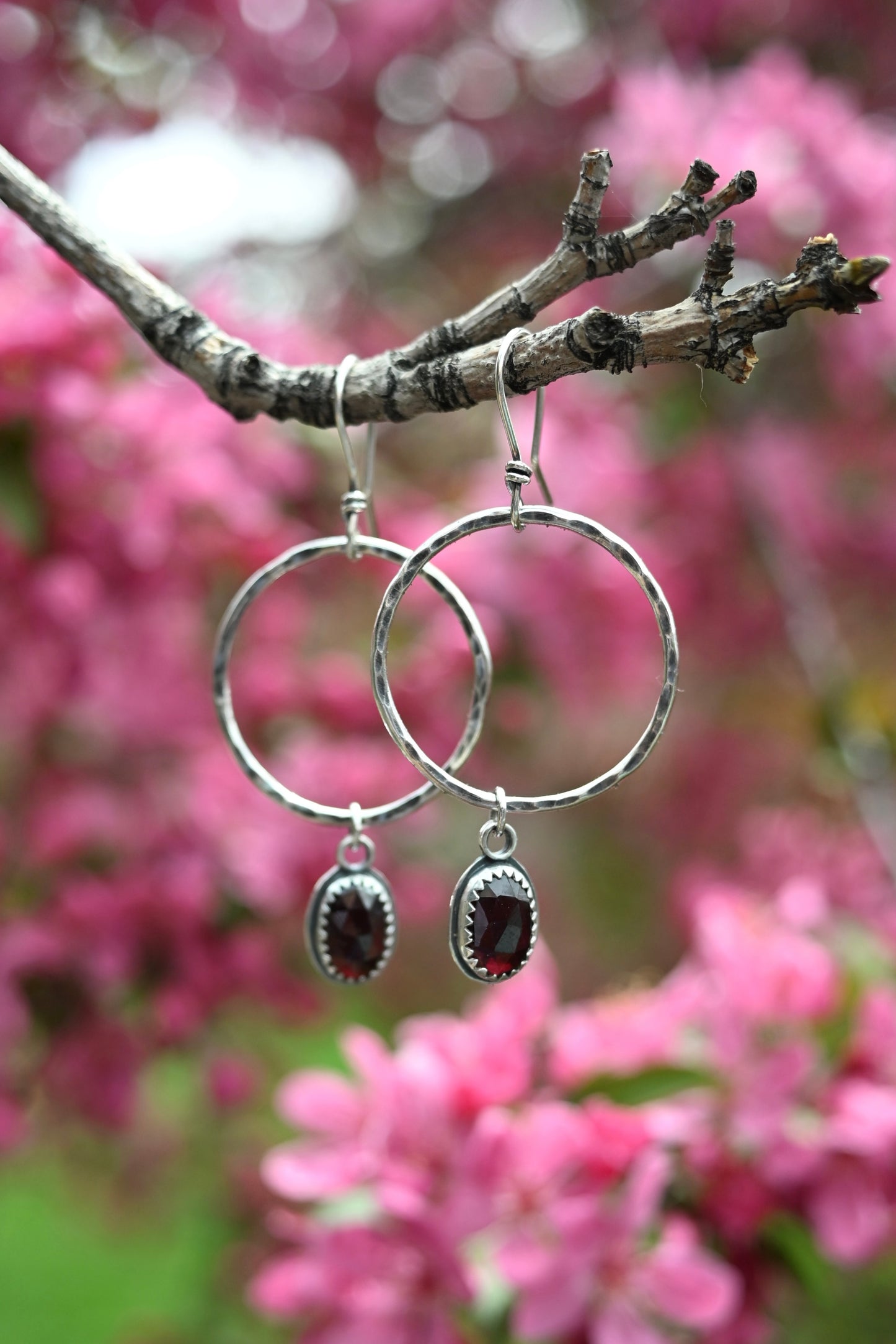Garnet + Hammered Hoop Earrings