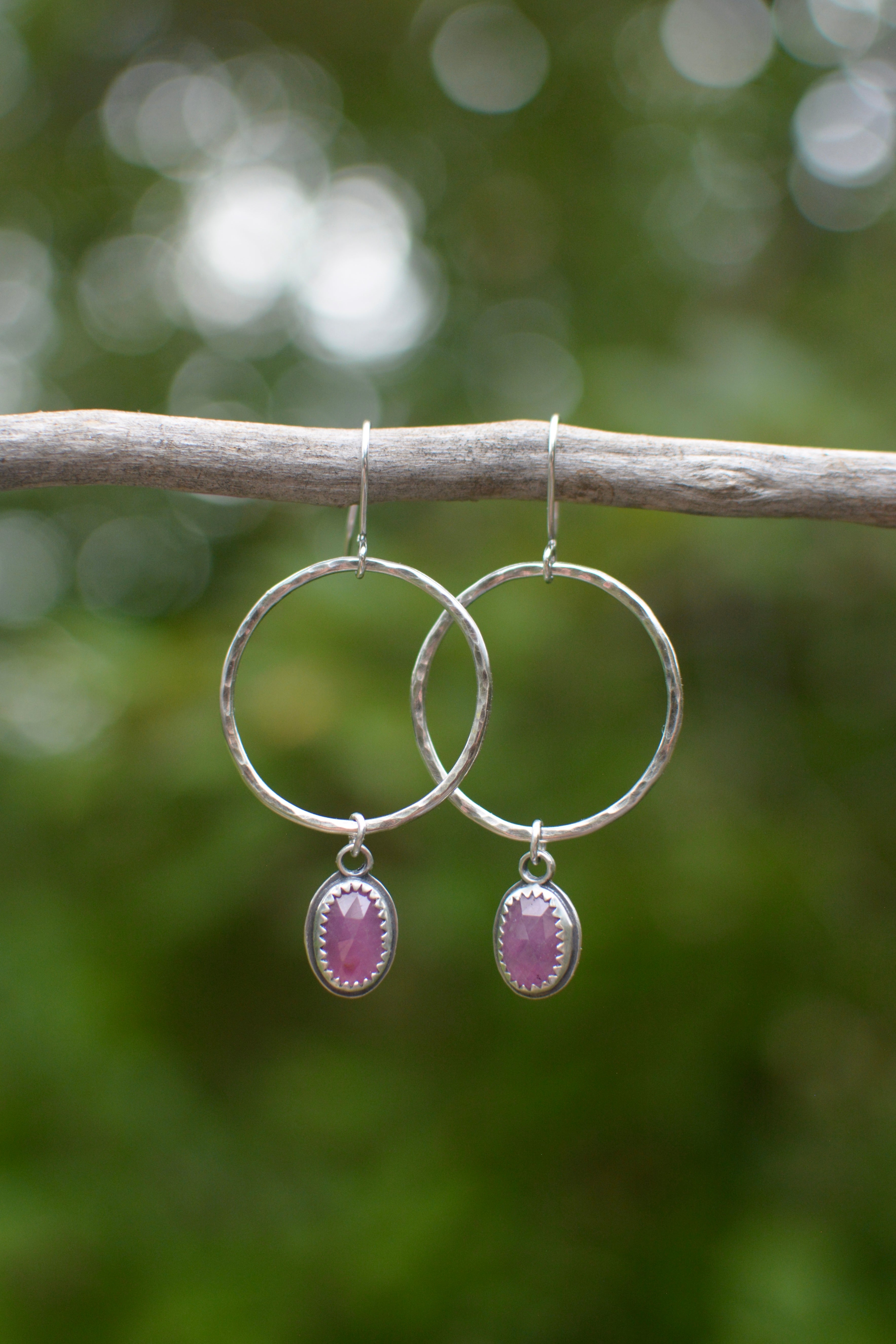 Pink Sapphire + Hammered Hoop Earrings