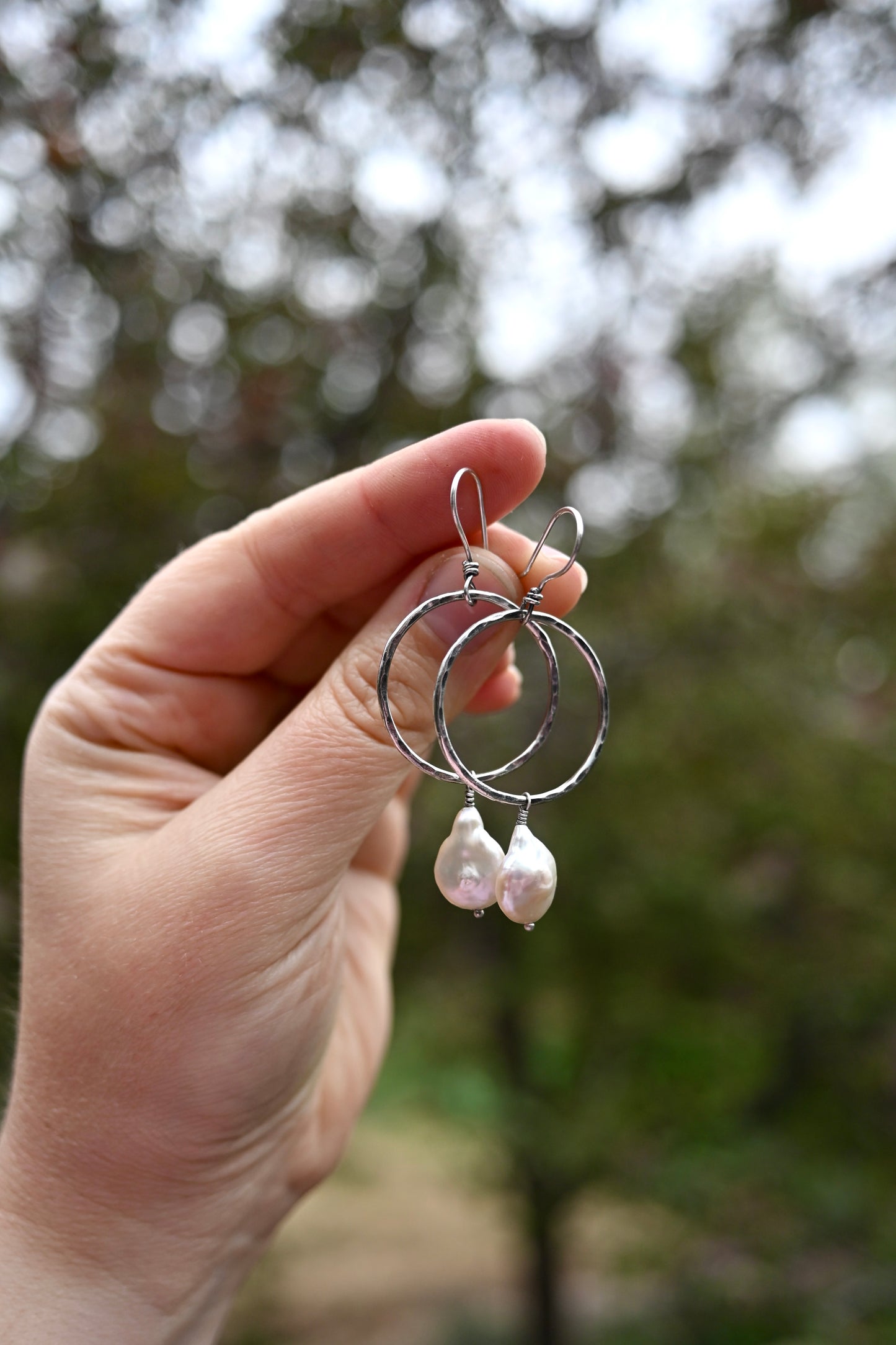 Freshwater Pearl + Hammered Hoop Earrings