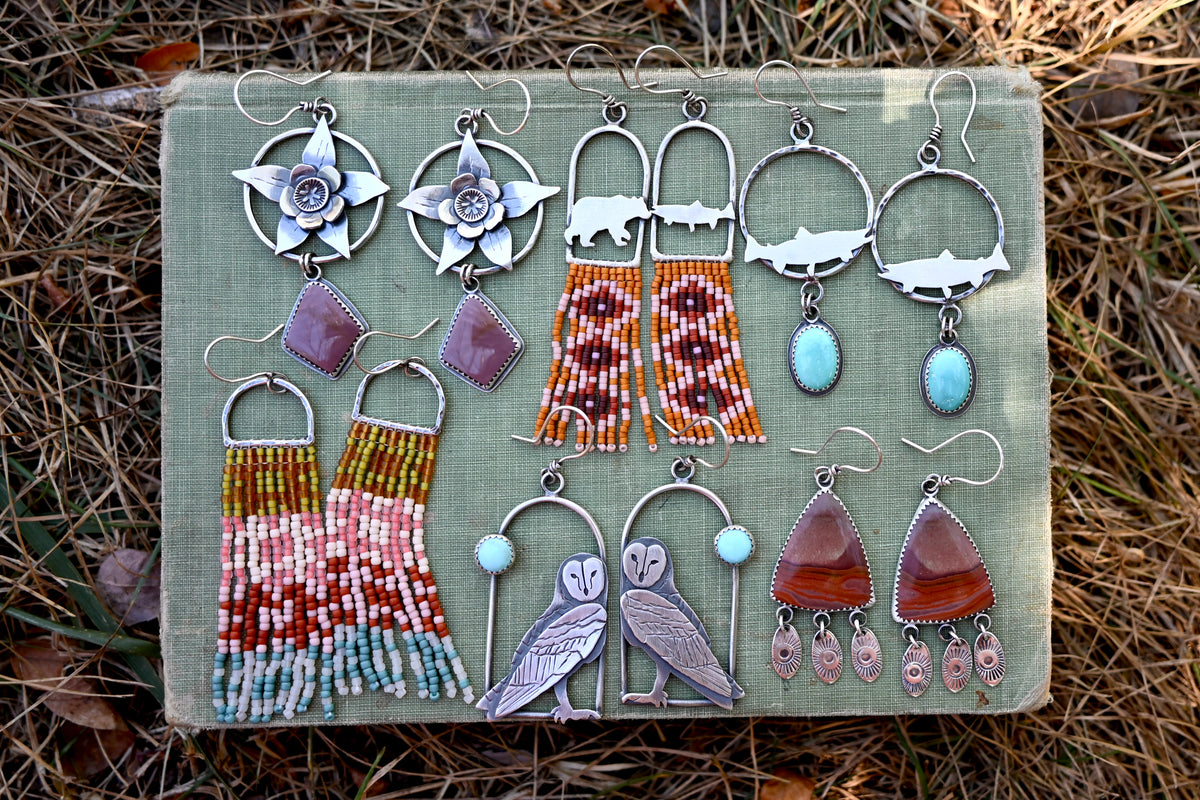 Colorado Blue Columbine Flower + Landscape Jasper Earrings