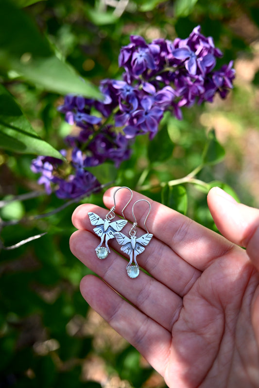 Luna Moth + Light Green Kyanite Earrings