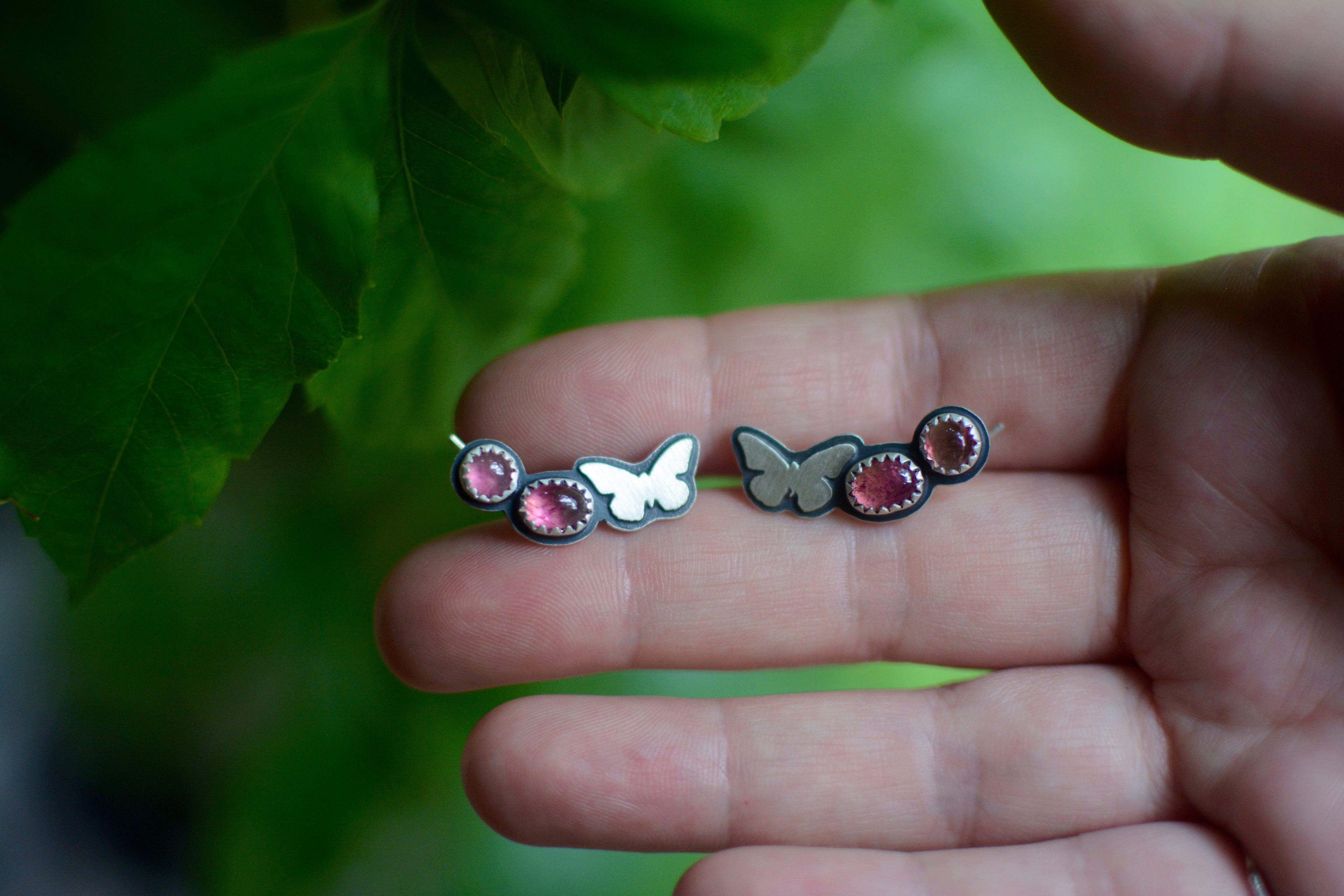 Butterfly + Pink Tourmaline Ear Climbers