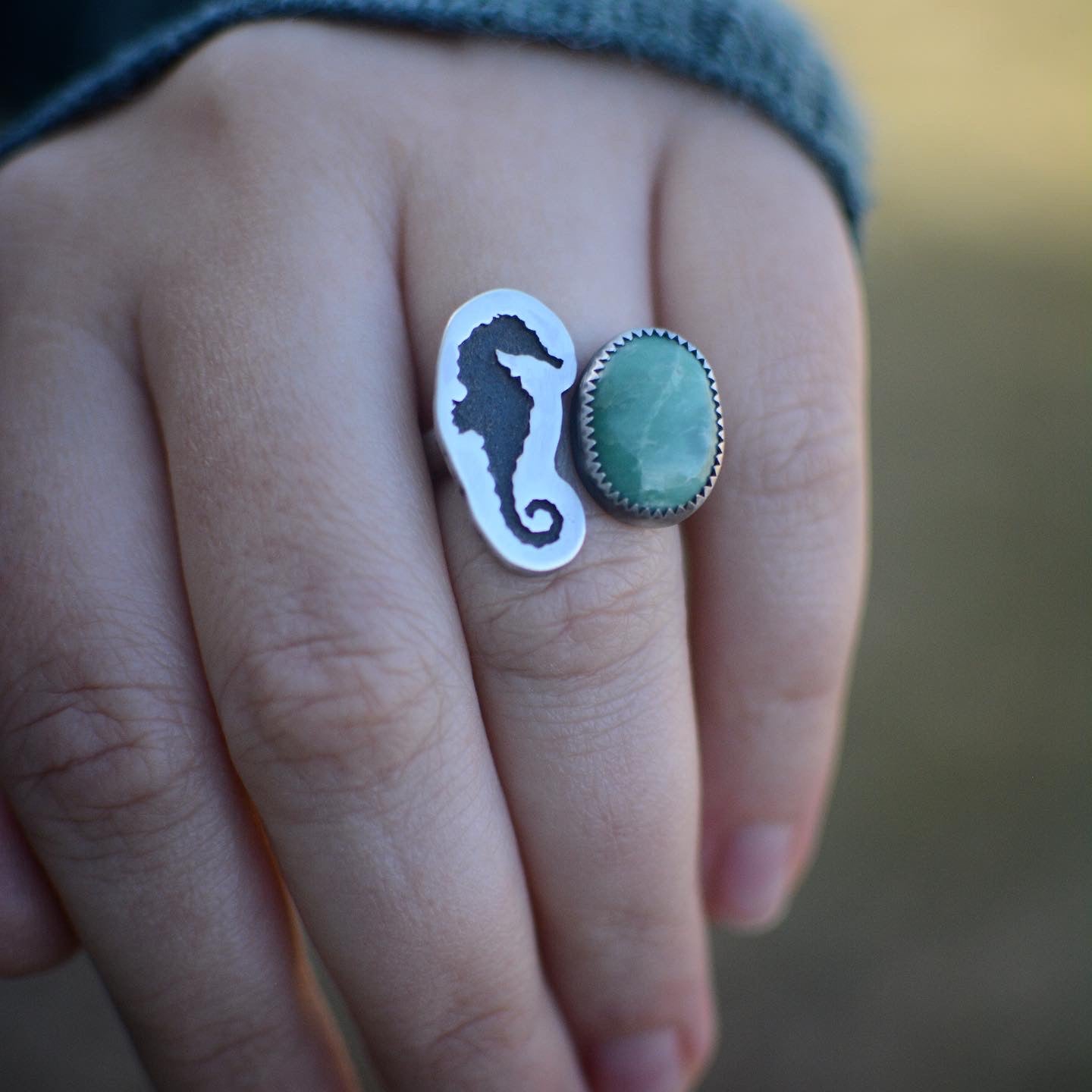 Seahorse + Turquoise Split Shank Ring - Size 8