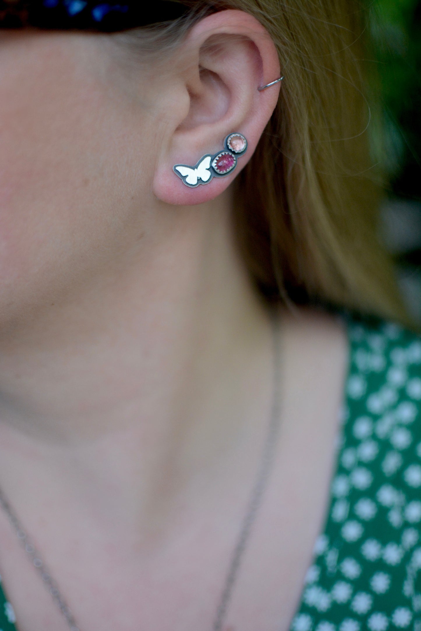 Butterfly + Pink Tourmaline Ear Climbers