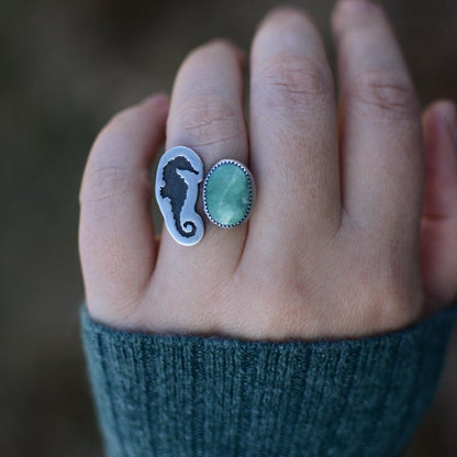 Seahorse + Turquoise Split Shank Ring - Size 8