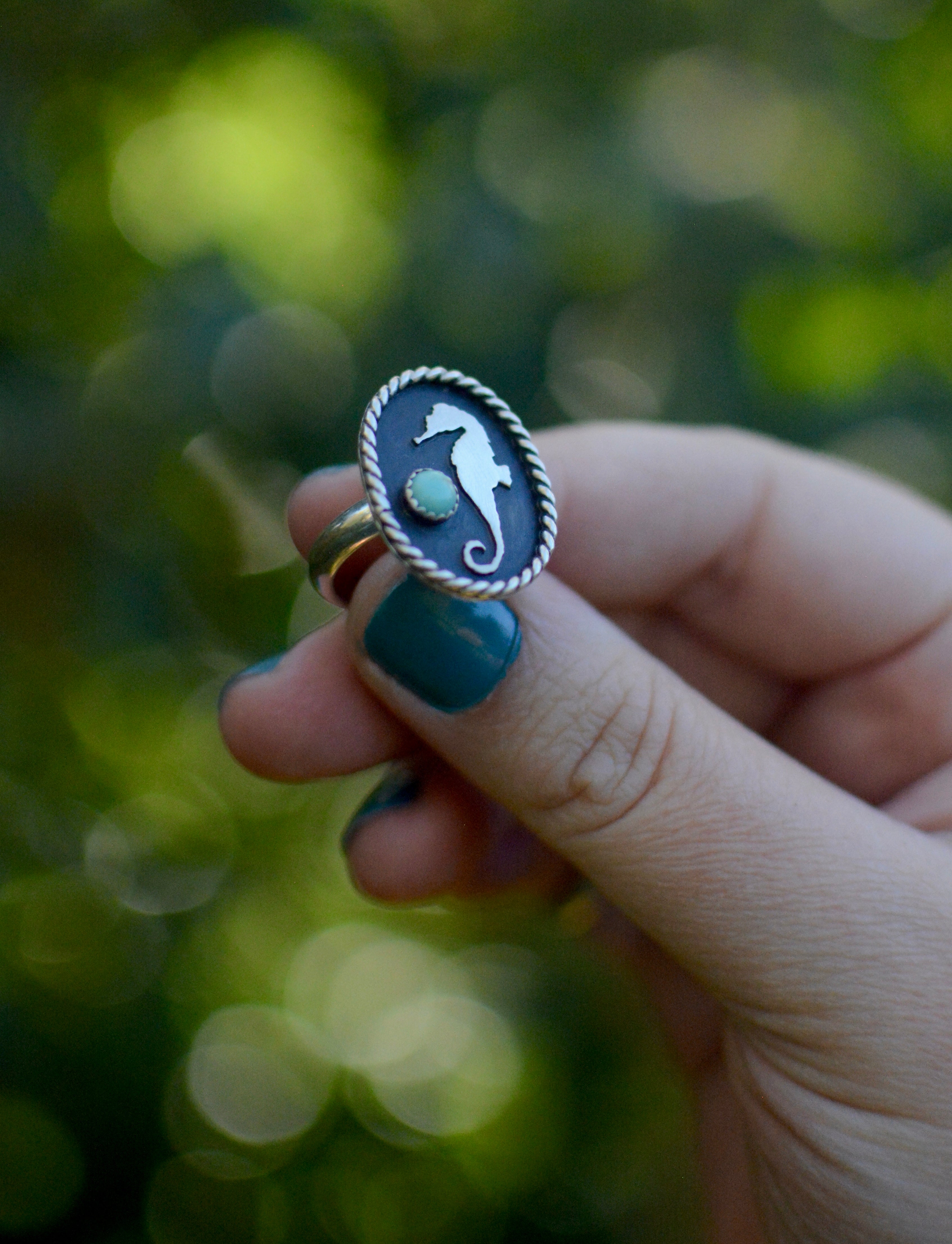 Seahorse + Turquoise Ring - Size 7